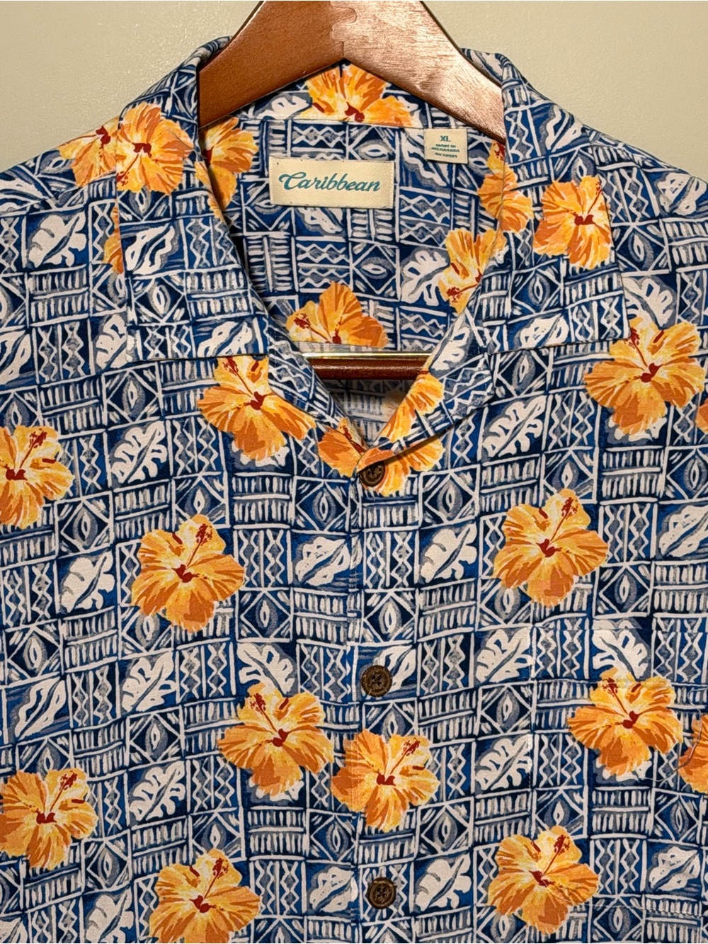 Caribbean Men’s Blue Shirt with Orange Floral Print 100% Cool Casual Rayon